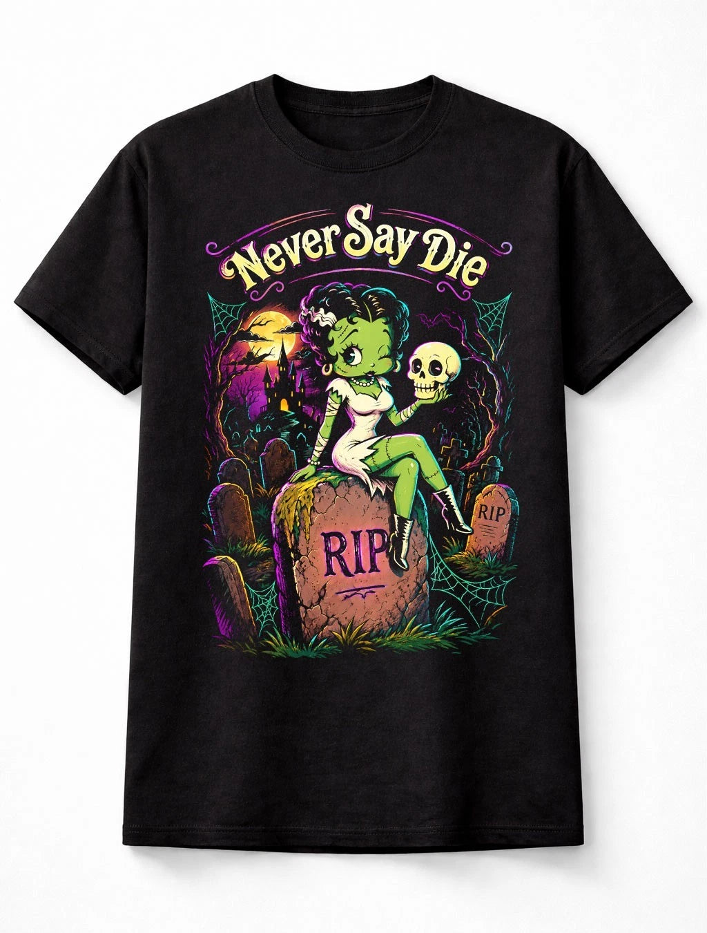 Never Say Die Zombie Betty Boop Pin Up Gothic Halloween Graphic Unisex T-Shirt