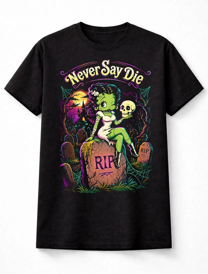 Never Say Die Zombie Betty Boop Pin Up Gothic Halloween Graphic Unisex T-Shirt