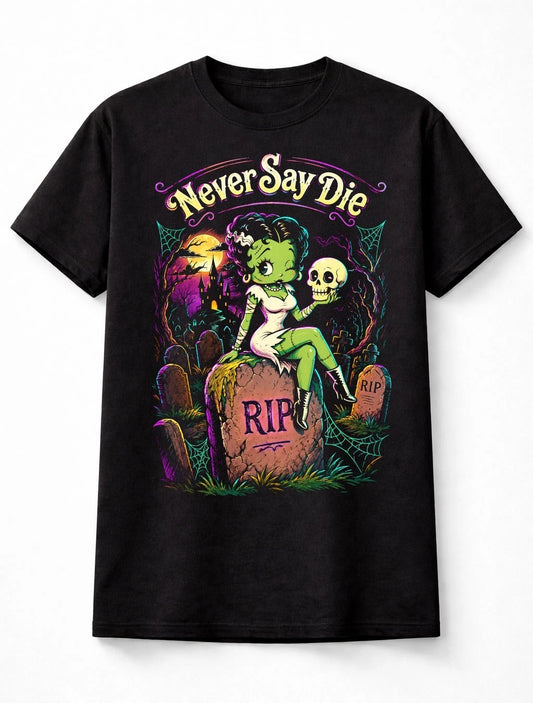 Never Say Die Zombie Betty Boop Pin Up Gothic Halloween Graphic Unisex T-Shirt
