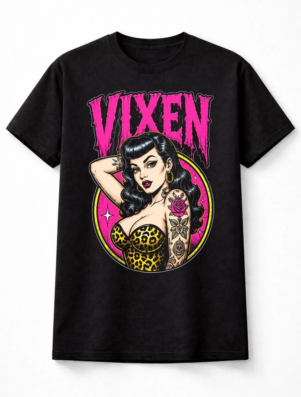 Vixen Rockabilly Pin Up Tattoo Leopard Print Graphic Unisex T-Shirt