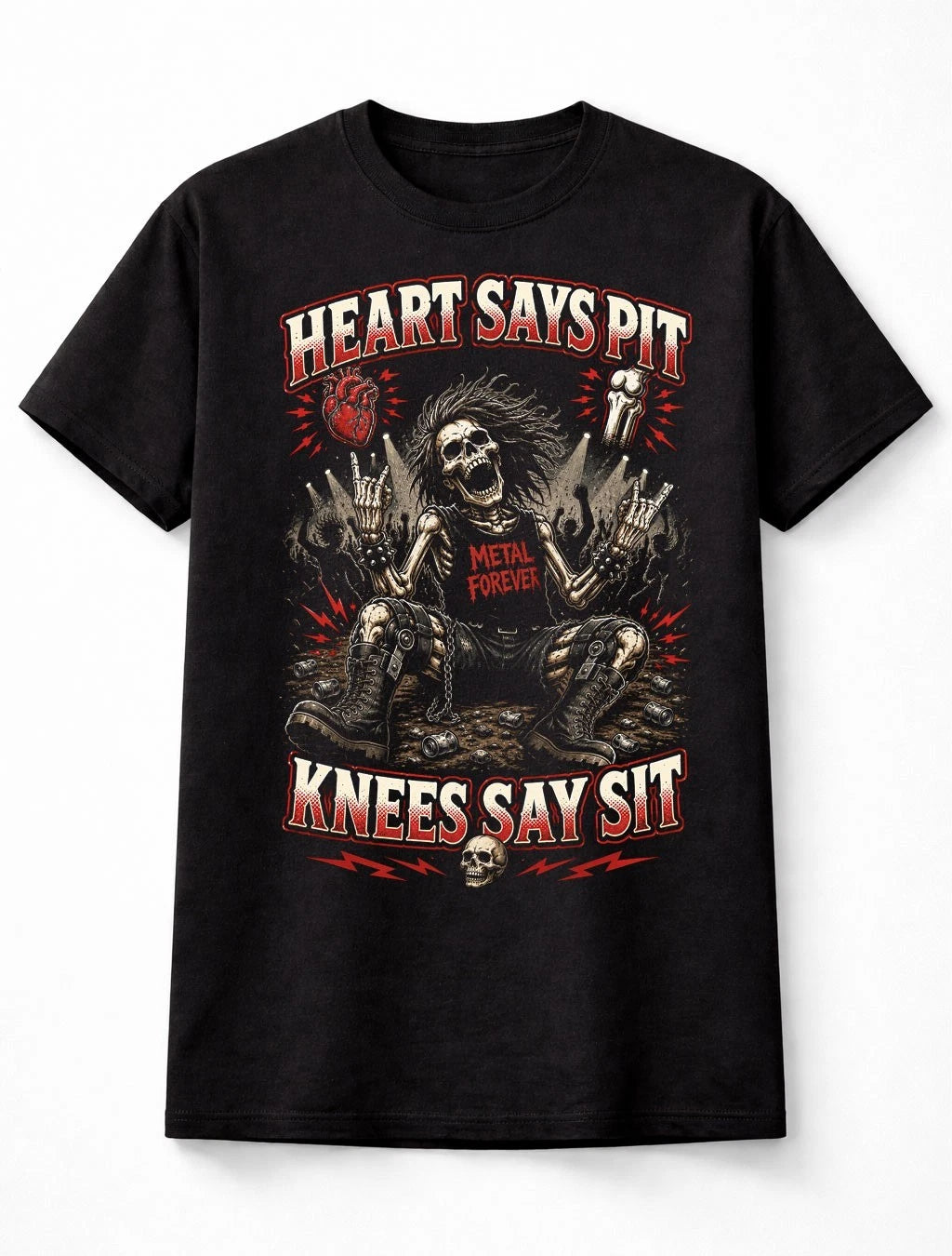 Heart Says Pit Knees Say Sit Funny Metal Skeleton Graphic Unisex T-Shirt