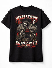 Heart Says Pit Knees Say Sit Funny Metal Skeleton Graphic Unisex T-Shirt