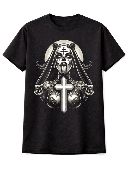 Demonic Nun Cross Horror Graphic T-Shirt Gothic Dark Unisex T-Shirt