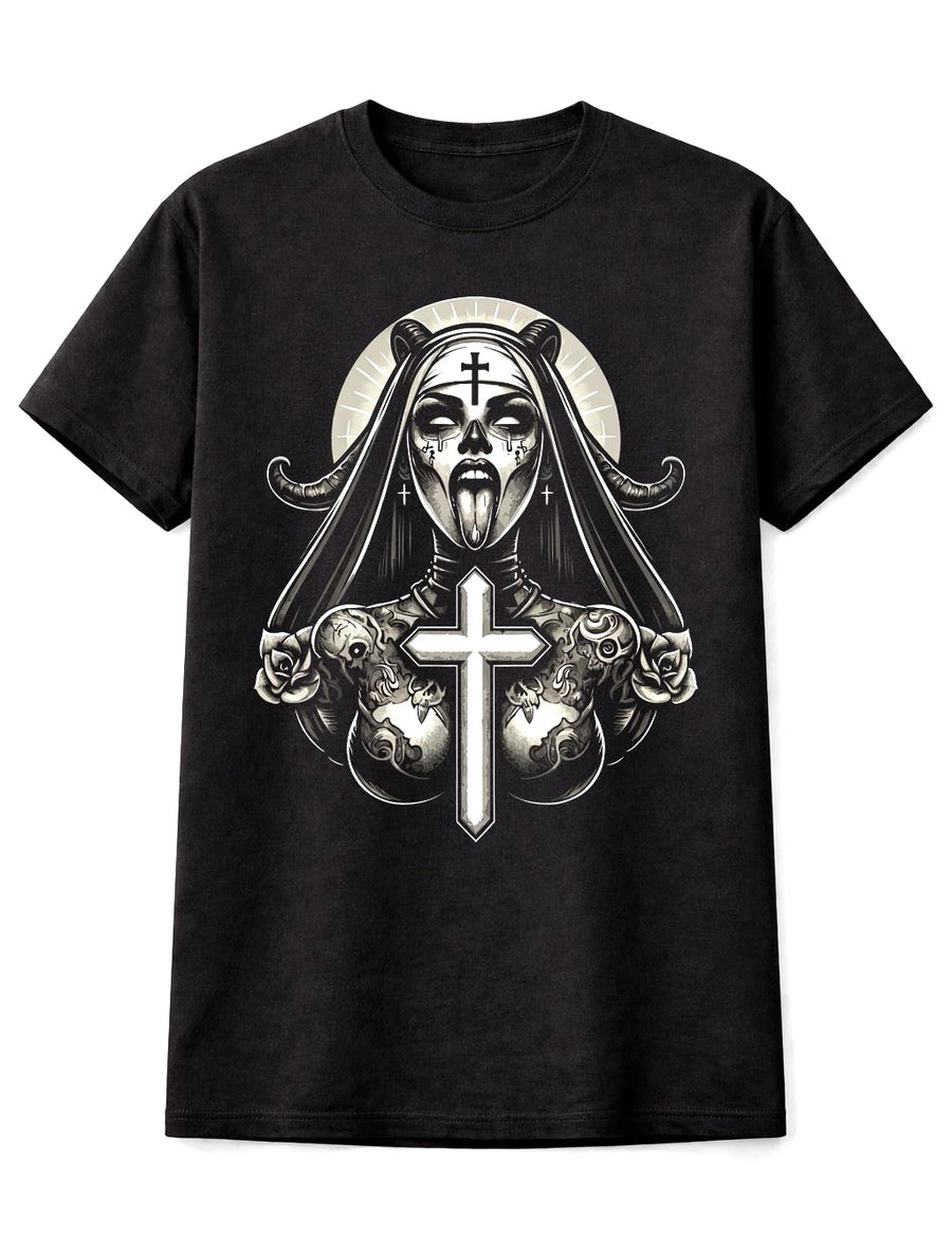 Demonic Nun Cross Horror Graphic T-Shirt Gothic Dark Unisex T-Shirt