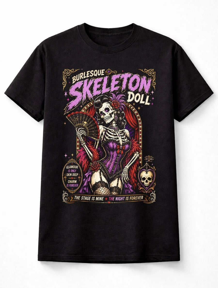 Burlesque Skeleton Doll Gothic Pin Up Horror Graphic Unisex T-Shirt