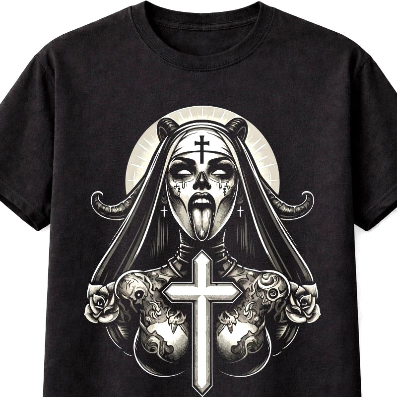 Demonic Nun Cross Horror Graphic T-Shirt Gothic Dark Unisex T-Shirt