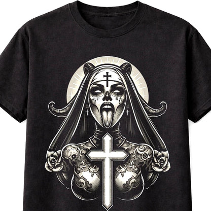Demonic Nun Cross Horror Graphic T-Shirt Gothic Dark Unisex T-Shirt