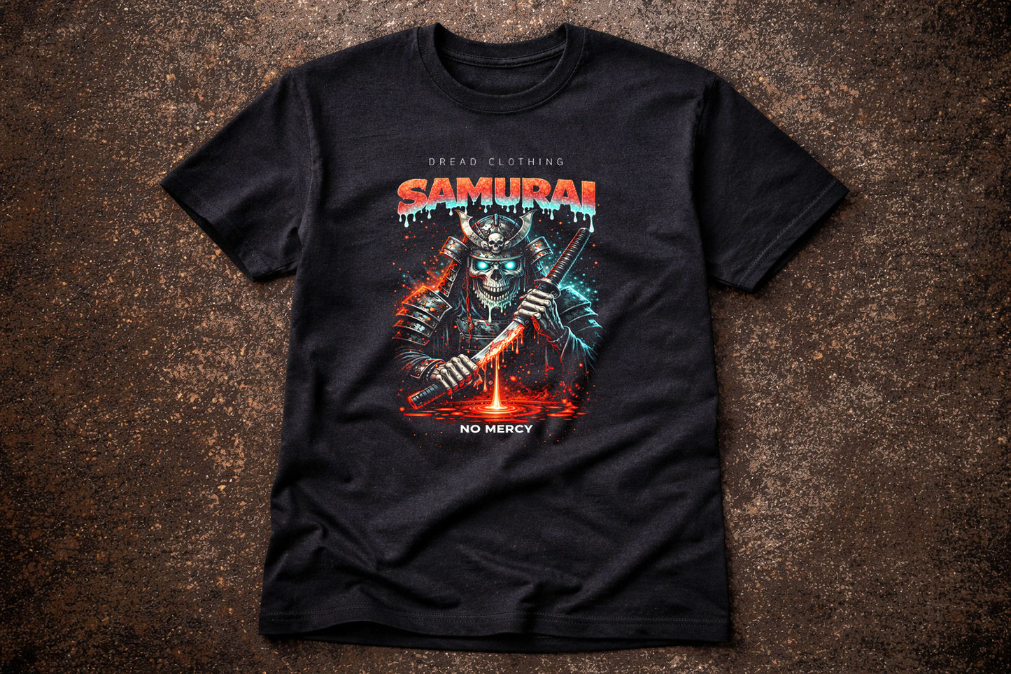 Samurai No Mercy Unisex Toxic Gothic Japanese Oni Warrior Skull Graphic T-Shirt