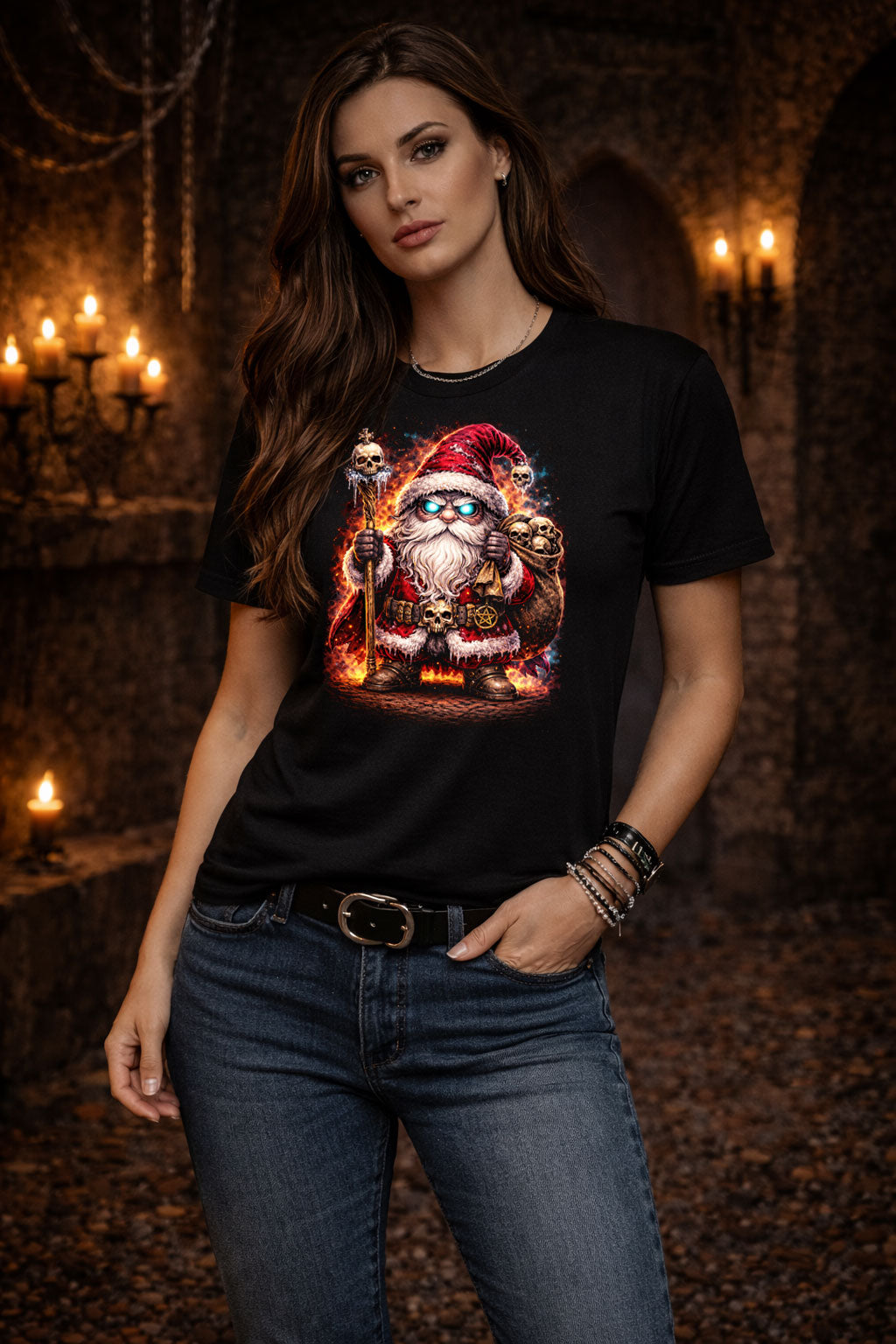 Santa Gnome Unisex Graphic Funny Skeleton Skull T-Shirt Dark Christmas Tee