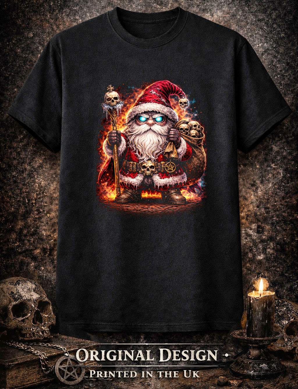 Santa Gnome Unisex Graphic Funny Skeleton Skull T-Shirt Dark Christmas Tee