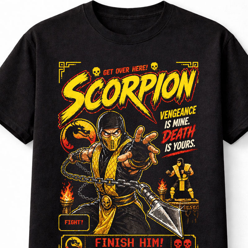 Scorpion Mortal Kombat T-Shirt Get Over Here Graphic Tee Retro Arcade Fighting Game Character Shirt Ninja Warrior Spear Fatality Gamer Adults & Kids Unisex T-Shirt