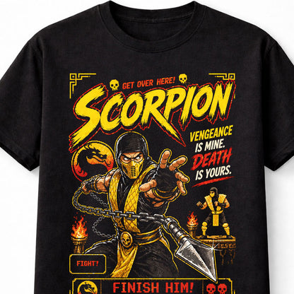 Scorpion Mortal Kombat T-Shirt Get Over Here Graphic Tee Retro Arcade Fighting Game Character Shirt Ninja Warrior Spear Fatality Gamer Adults & Kids Unisex T-Shirt