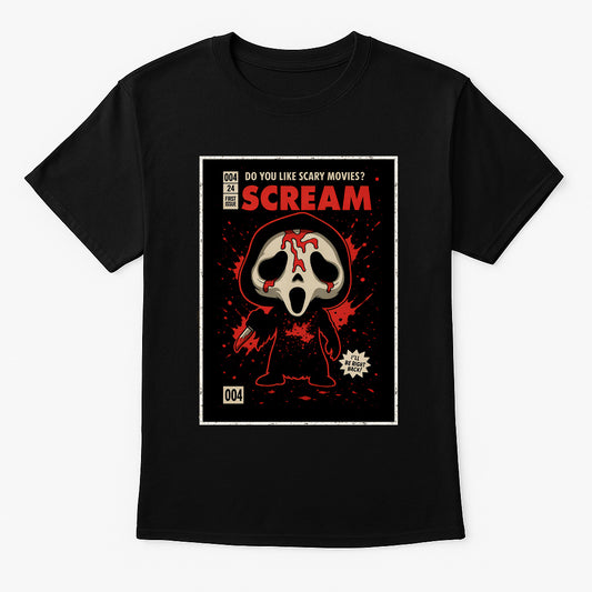 Scream “Do You Like Scary Movies?” Graphic Tee – Retro Ghostface Slasher T-Shirt for Horror Fans