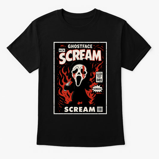 Scream “Slasher Special” Ghostface Graphic Tee – Retro Horror Comic T-Shirt for Scary Movie Fans