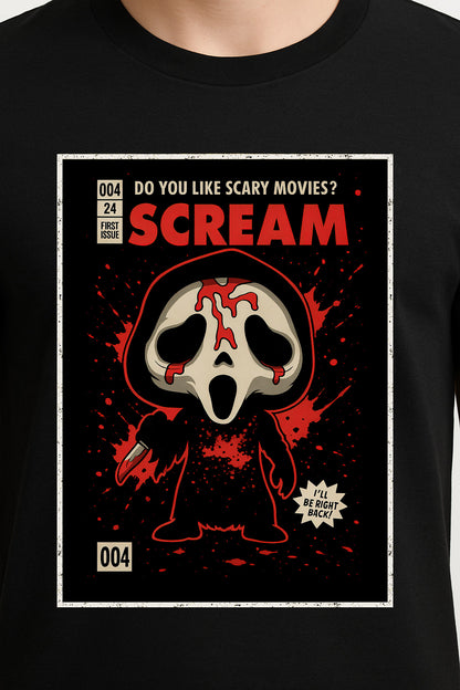 Scream “Do You Like Scary Movies?” Graphic Tee – Retro Ghostface Slasher T-Shirt for Horror Fans