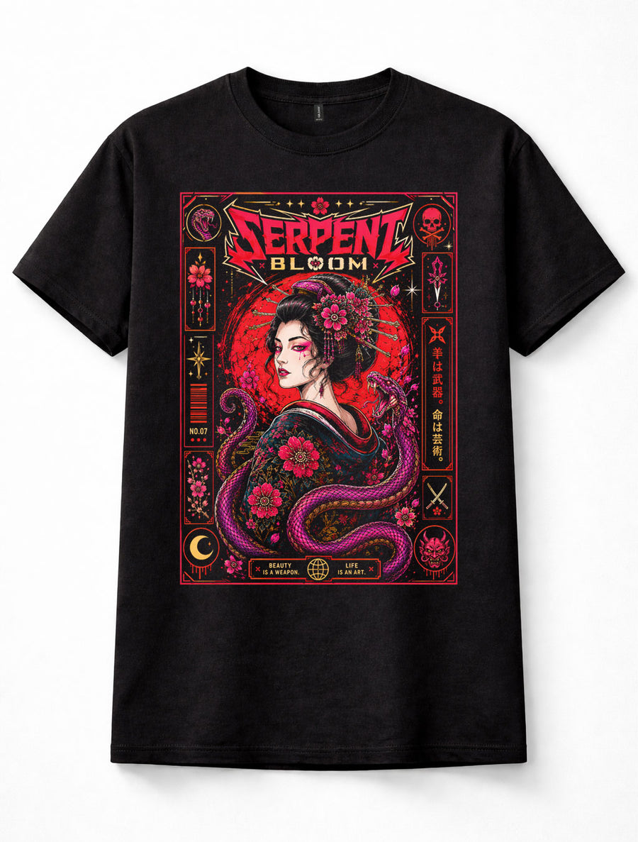 Serpent Bloom Geisha Snake Japanese Gothic Floral Anime Unisex T-Shirt