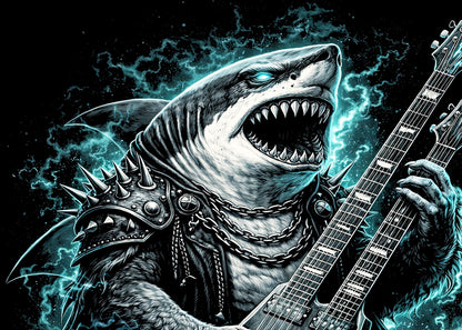 Shark Heavy Metal Rocker Unisex Graphic T-Shirt Gothic Guitar Music Art Tee