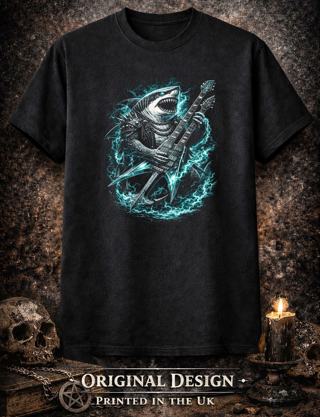 Shark Heavy Metal Rocker Unisex Graphic T-Shirt Gothic Guitar Music Art Tee