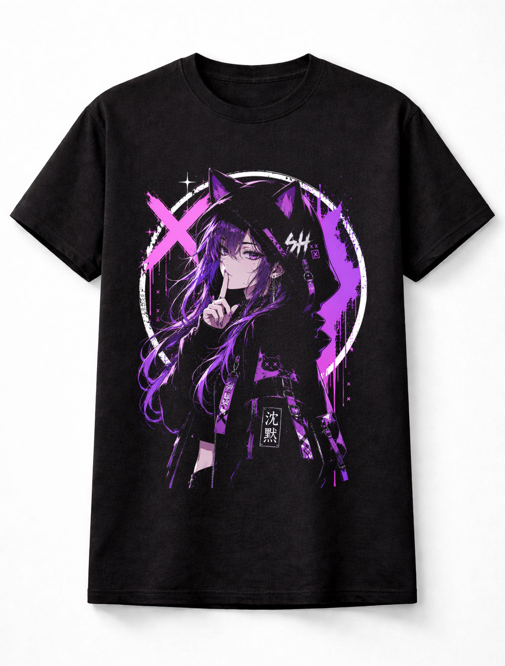 Anime Cat Ear Girl Purple Gothic Manga Graphic Unisex T-Shirt