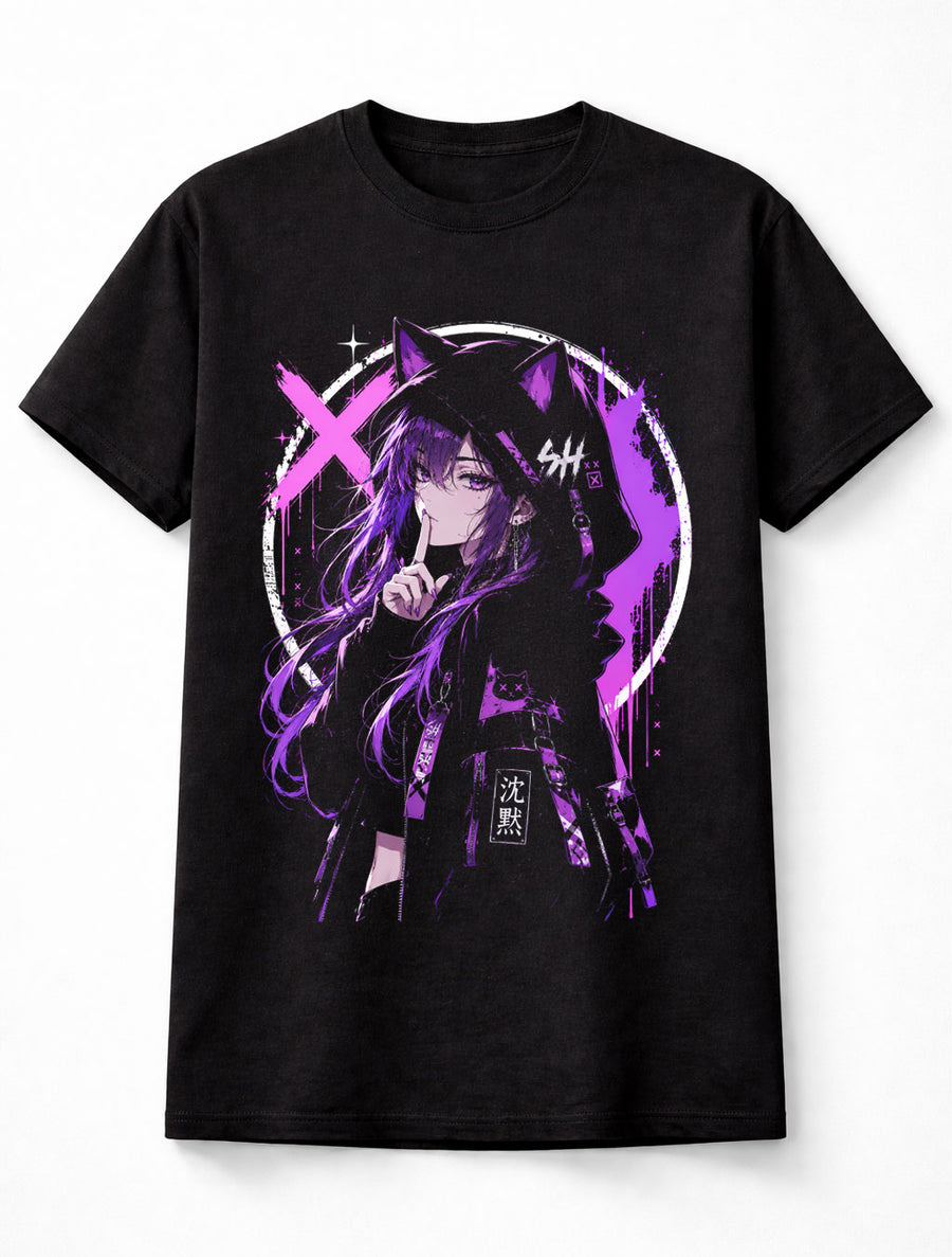 Anime Cat Ear Girl Purple Gothic Manga Graphic Unisex T-Shirt