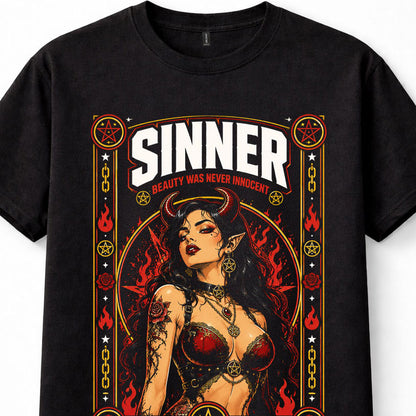 Sinner Demon Girl Gothic Occult Pentagram Alternative Black Unisex T-Shirt