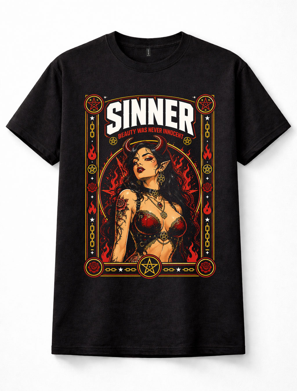 Sinner Demon Girl Gothic Occult Pentagram Alternative Black Unisex T-Shirt