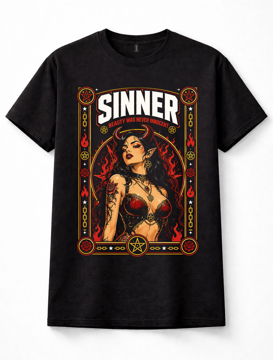 Sinner Demon Girl Gothic Occult Pentagram Alternative Black Unisex T-Shirt
