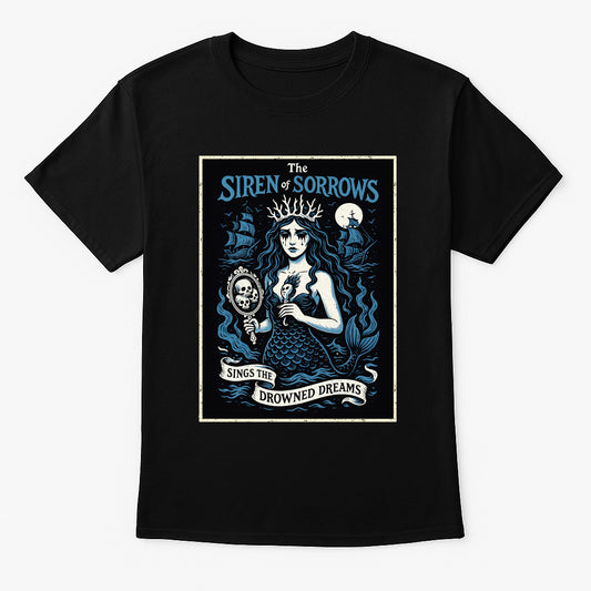 Siren of Sorrows unisex t-shirt featuring gothic mermaid holding skull mirror with ships and moon, blue oceanic design printed on black cotton tee
