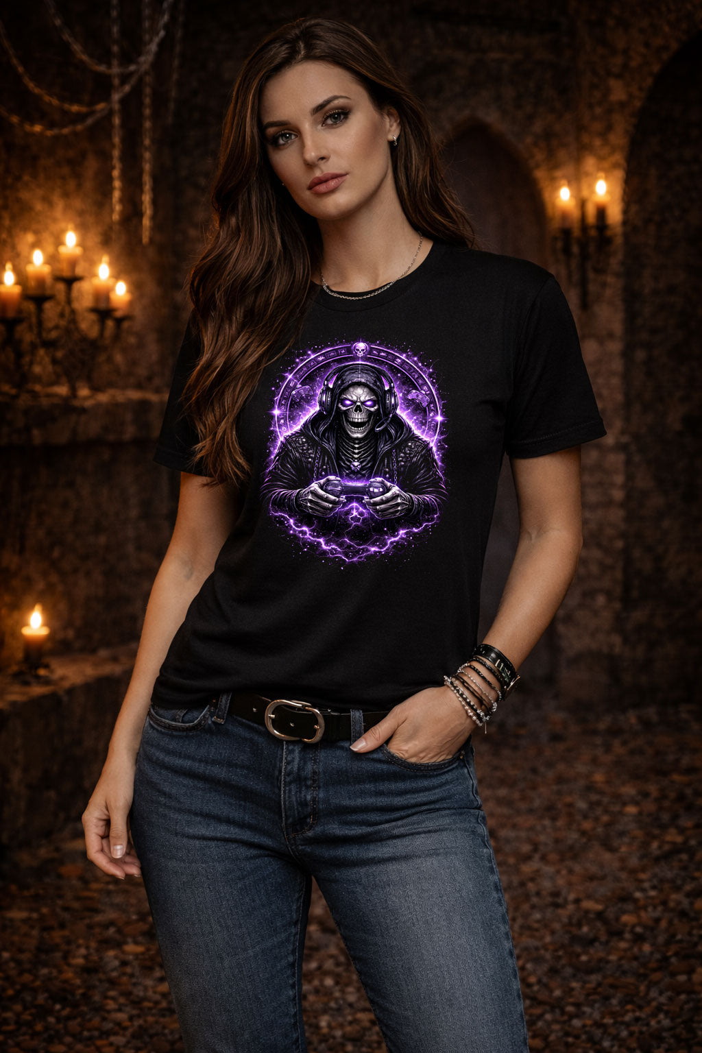 Gothic Skeleton Gamer T-Shirt Dark Gaming Skull Headset Purple Lightning