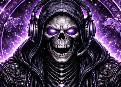 Gothic Skeleton Gamer T-Shirt Dark Gaming Skull Headset Purple Lightning