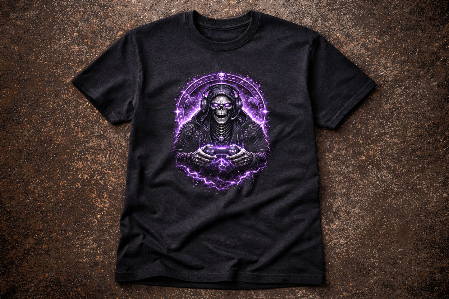 Gothic Skeleton Gamer T-Shirt Dark Gaming Skull Headset Purple Lightning