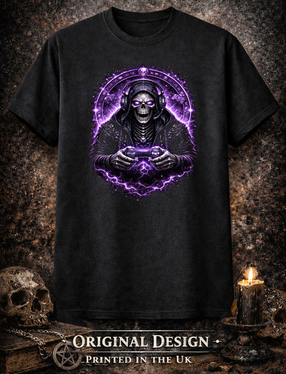 Gothic Skeleton Gamer T-Shirt Dark Gaming Skull Headset Purple Lightning