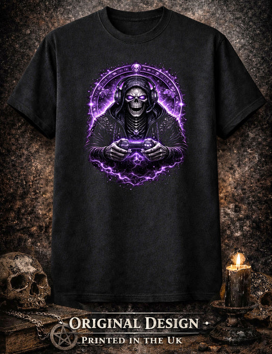 Gothic Skeleton Gamer T-Shirt Dark Gaming Skull Headset Purple Lightning