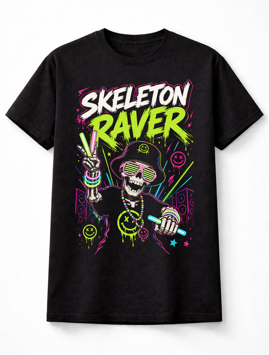 Skeleton Raver EDM DJ Neon Festival Party Graphic Unisex T-Shirt