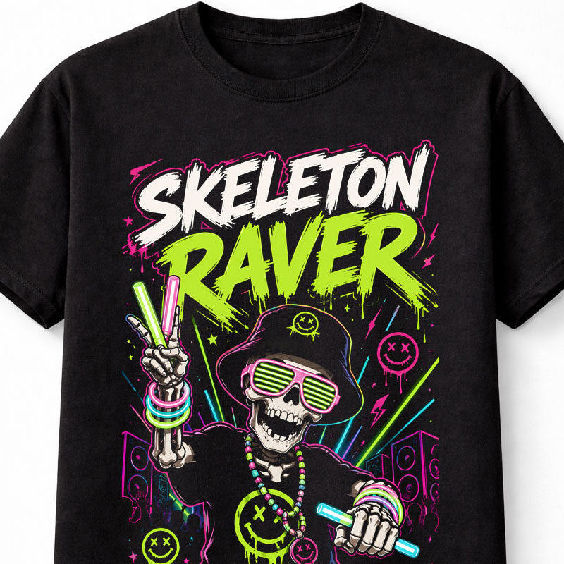 Skeleton Raver EDM DJ Neon Festival Party Graphic Unisex T-Shirt