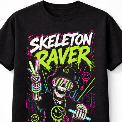 Skeleton Raver EDM DJ Neon Festival Party Graphic Unisex T-Shirt
