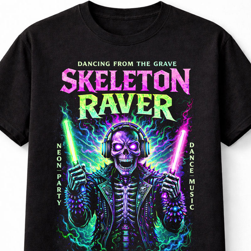 Skeleton Raver Neon Horror EDM Graphic Black Unisex T-Shirt