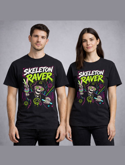 Skeleton Raver EDM DJ Neon Festival Party Graphic Unisex T-Shirt