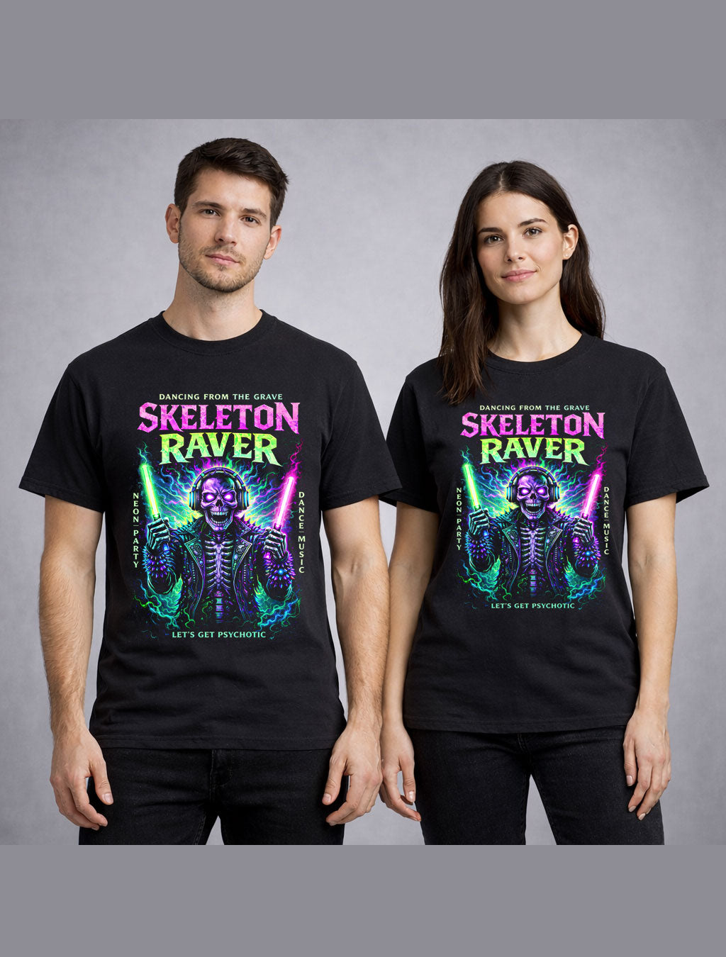 Skeleton Raver Neon Horror EDM Graphic Black Unisex T-Shirt