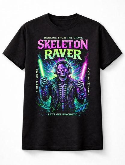 Skeleton Raver Neon Horror EDM Graphic Black Unisex T-Shirt
