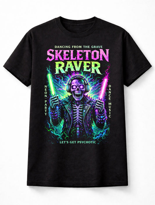 Skeleton Raver Neon Horror EDM Graphic Black Unisex T-Shirt
