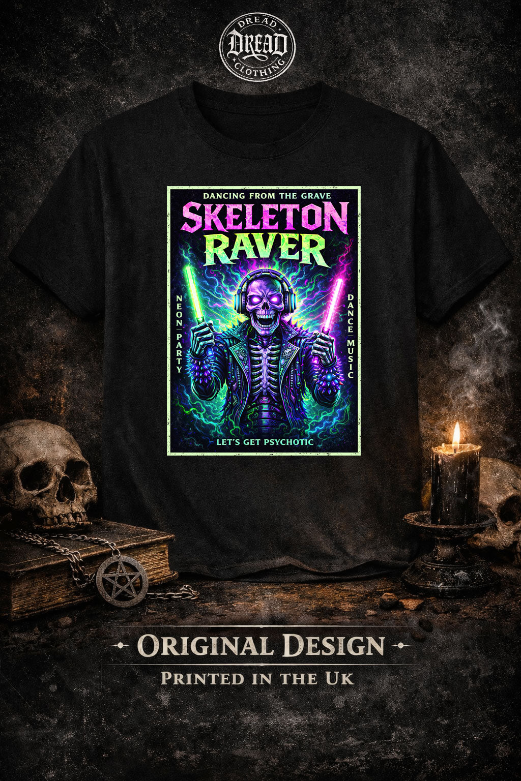 Skeleton Raver T Shirt Neon EDM Skull Unisex Gothic Dance Party Tee
