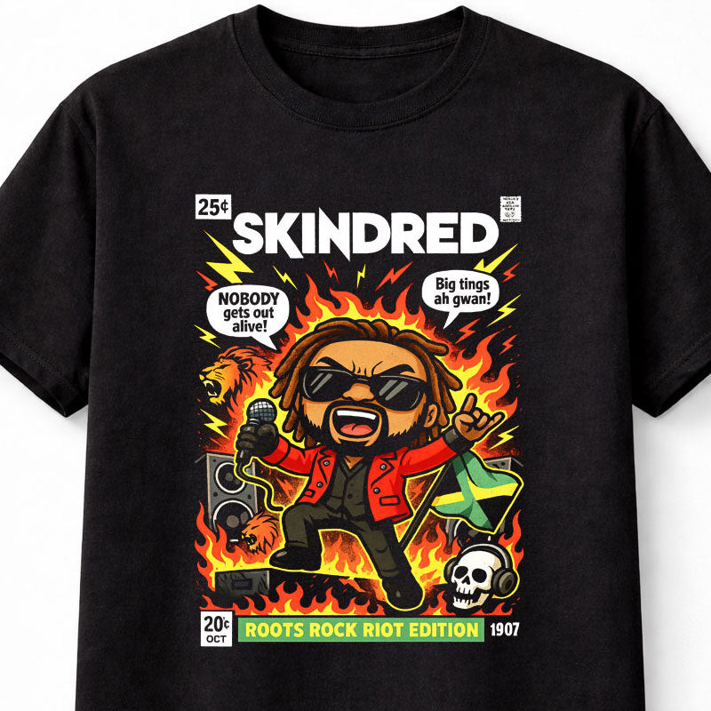 Skindred Roots Rock Riot Borderless Edition T-Shirt Reggae Metal Unisex Black Graphic Tee
