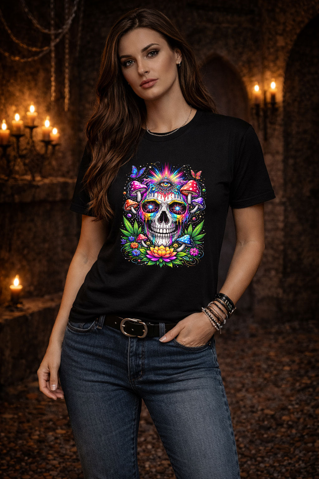 Psychedelic Skull Mushroom Art Trippy Gothic Unisex Graphic T-Shirt