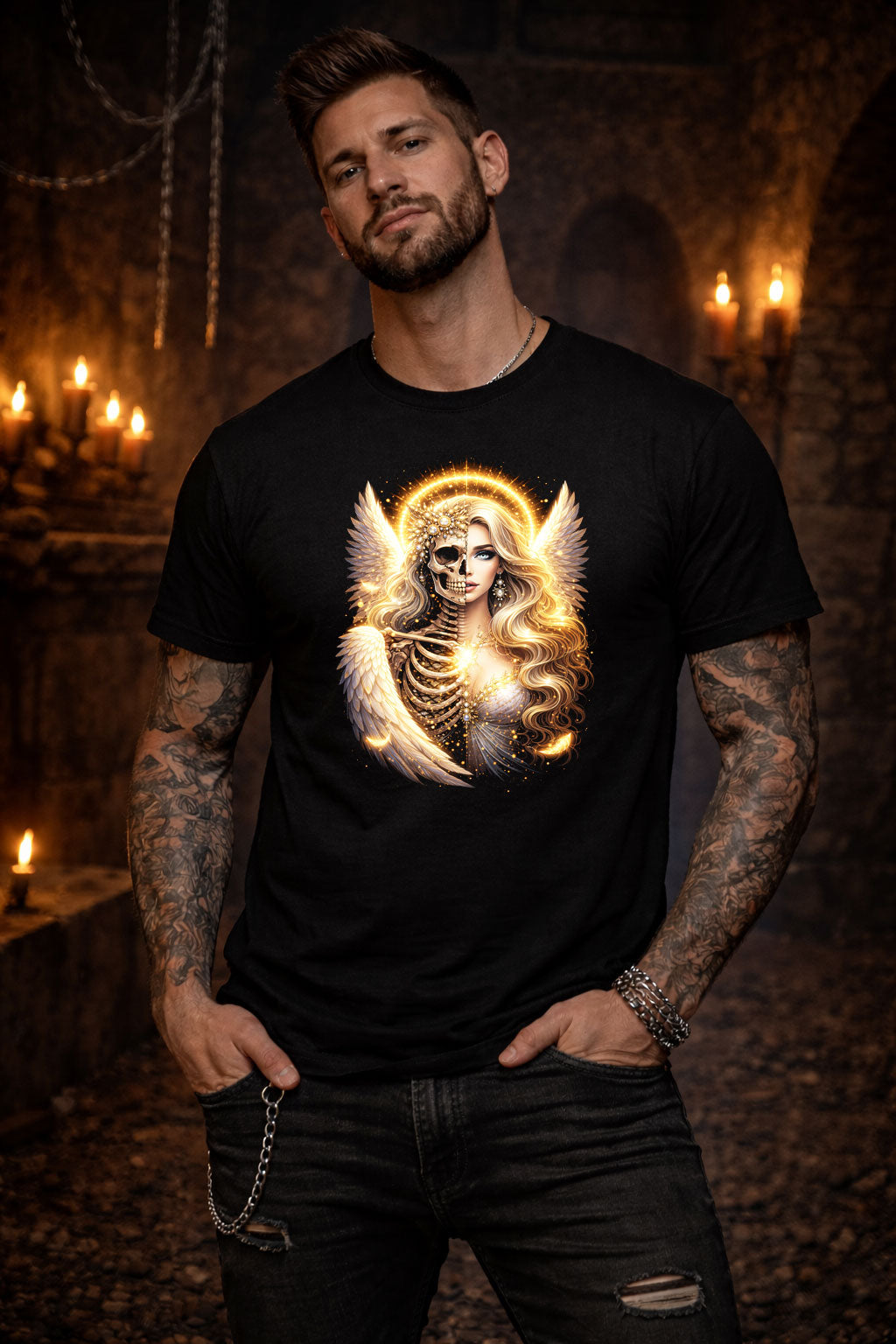 Archangel Halo Skull Skeleton Unisex Graphic T-Shirt Angelic Wings Dark Art Tee