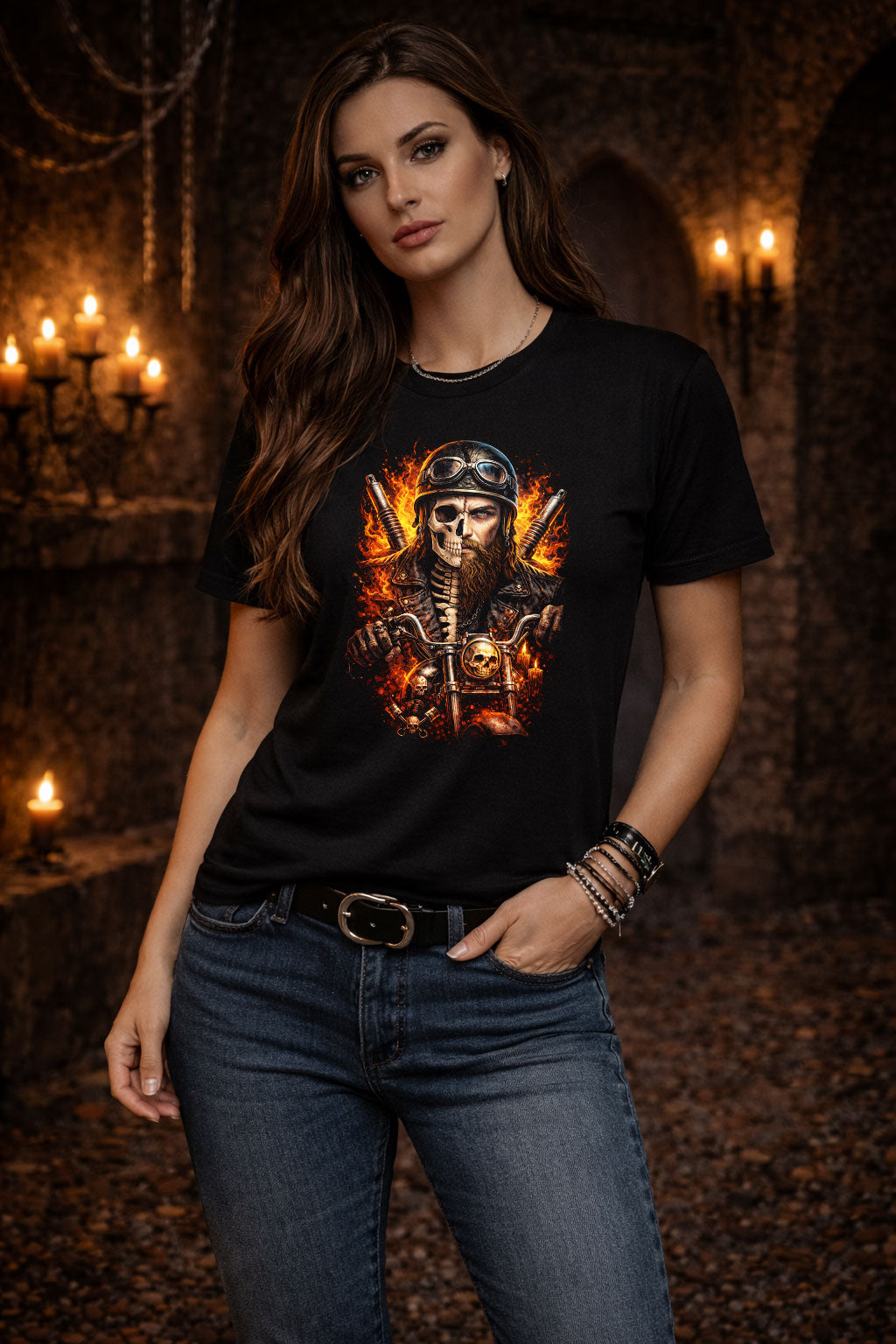 Flaming Skeleton Biker Skull Unisex Graphic T-Shirt Gothic Motorcycle Horror Tee