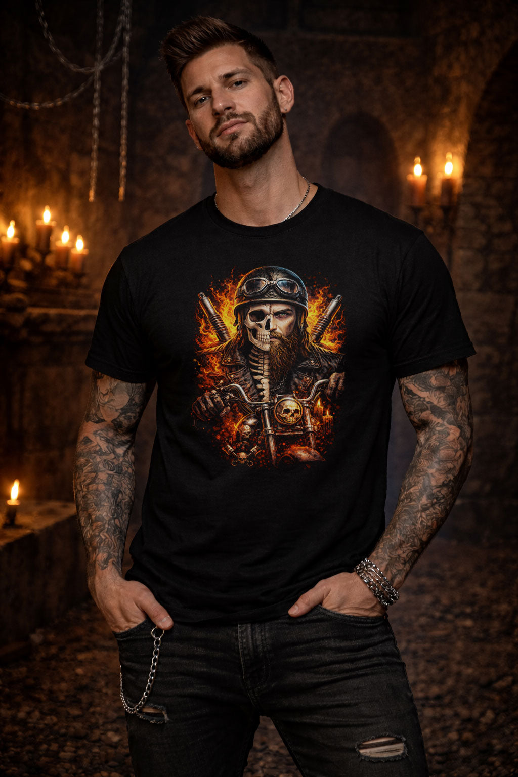 Flaming Skeleton Biker Skull Unisex Graphic T-Shirt Gothic Motorcycle Horror Tee