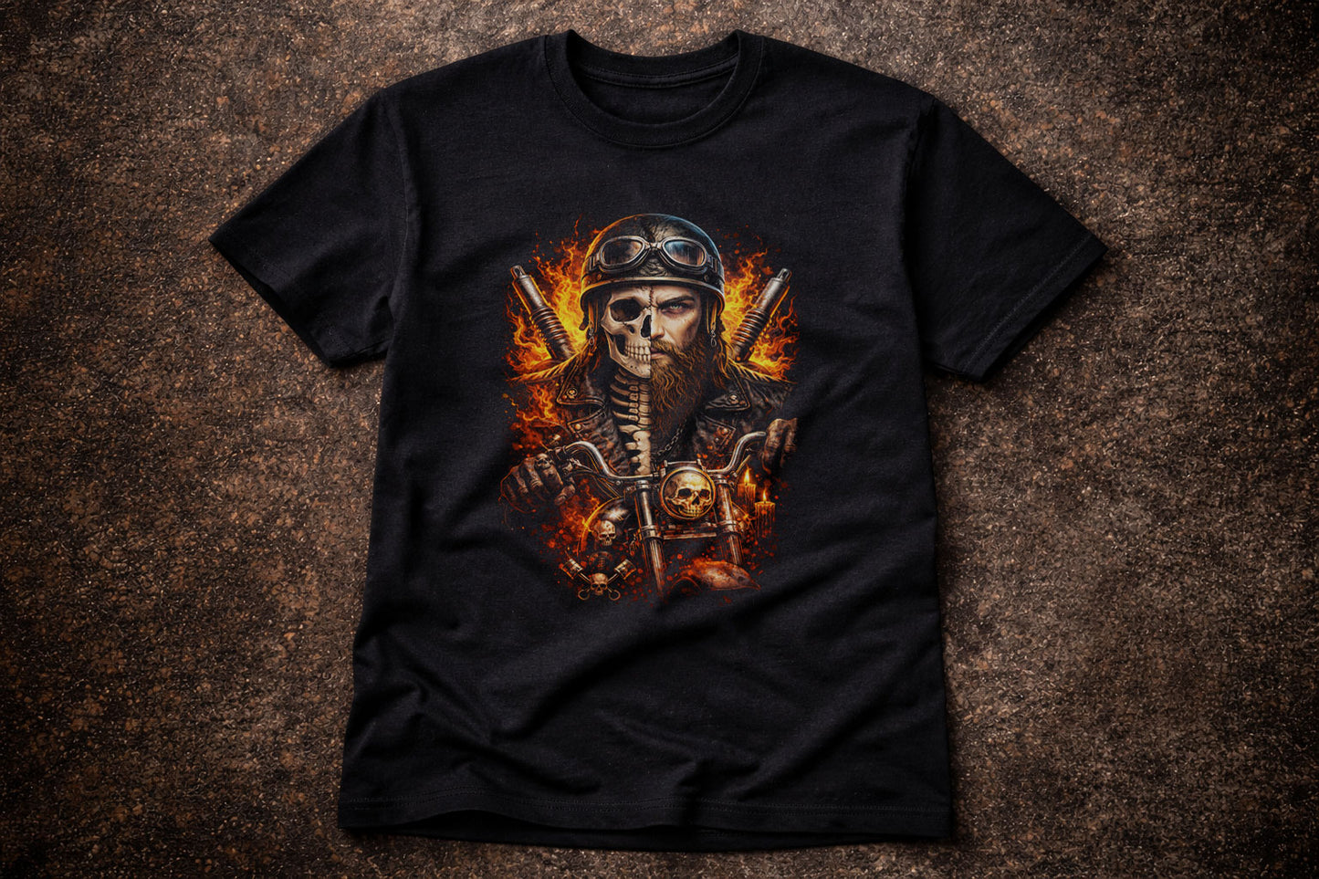 Flaming Skeleton Biker Skull Unisex Graphic T-Shirt Gothic Motorcycle Horror Tee