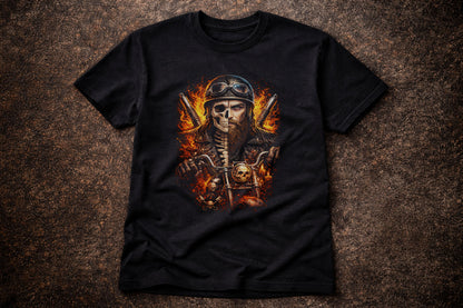 Flaming Skeleton Biker Skull Unisex Graphic T-Shirt Gothic Motorcycle Horror Tee