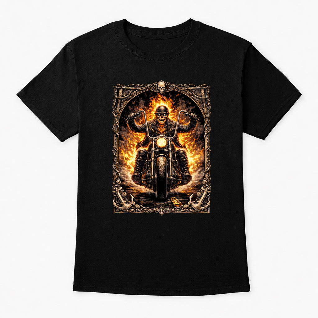 Flaming Skull Motorcycle Rider Biker Reaper Graphic T-Shirt Unisex Dark Art Tee